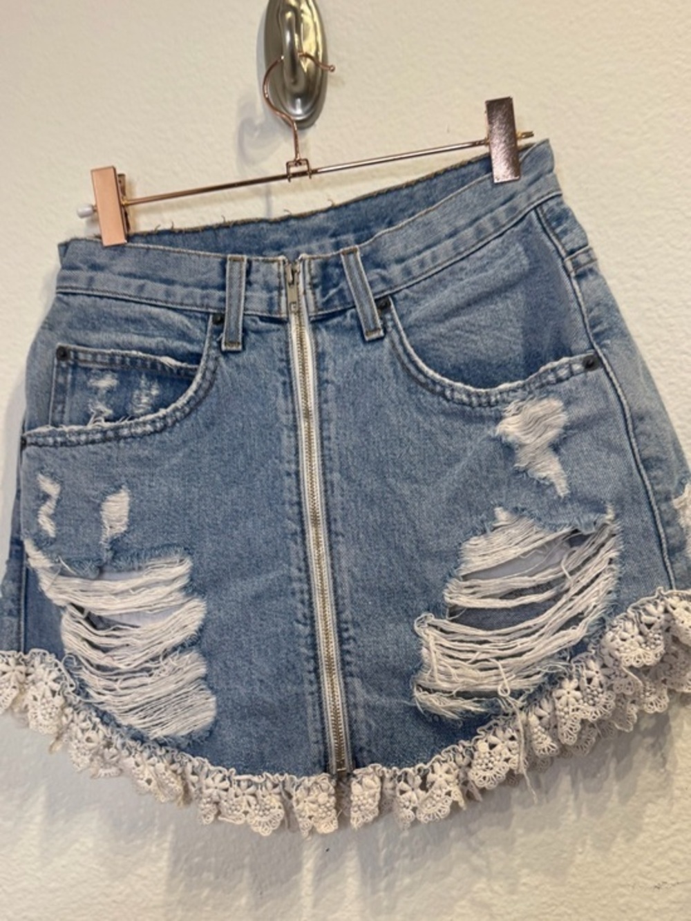 LF Blue Distressed Denim Mini Skirt with Lace Trim